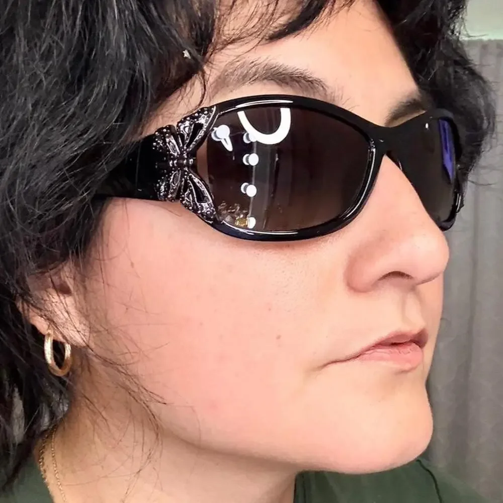 Fairycore black wrap sunglasses with sparkling butterfly whimsygoth dark fairy